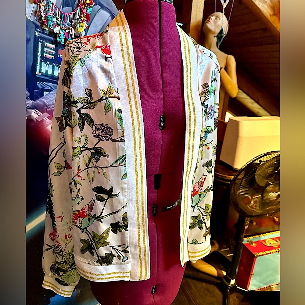 New Awesome White Floral Bomber Jacket with Glitter Retro Sporty Trim by SHEIN!